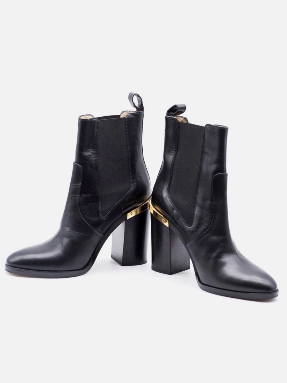 REED KRAKOFF Black Leather Gold Trim Block Heel boots Size EU 39